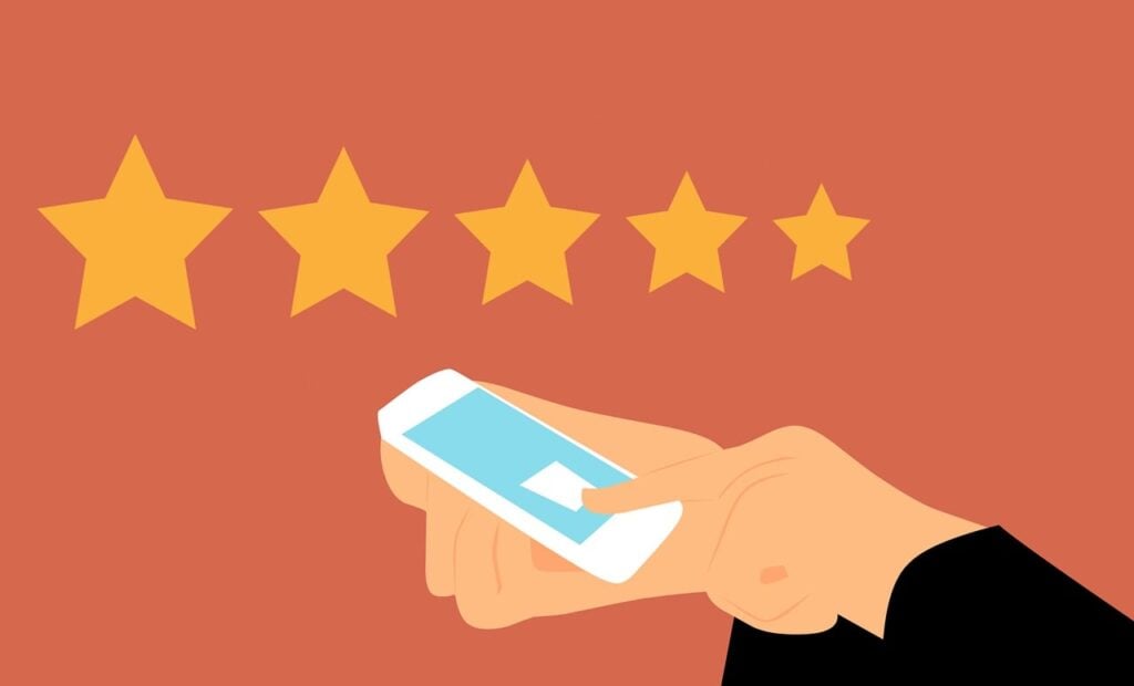 5 stars across the top, hands holding and tapping a phone below, cartoon, warm colors
