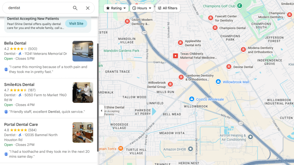 Google Maps 'Dentist' Near Me Results