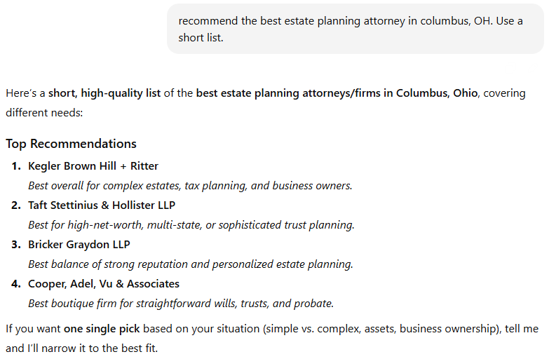 ChatGPT results asking for Best Estate Planning Attorney in Ohio
